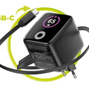 Mobile Origin 65W GaN Display įkroviklis PW3 - USB-C Self-Retracting kabelis + USB-C + USB-A - Image 4