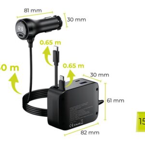 Mobile Origin 75W 5in1 automobilinis įkroviklis CA23 - 2x USB-C + USB-A Port, 2x USB-C kabelis - Image 10