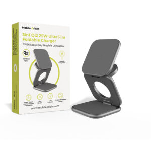 Mobile Origin 3in1 Qi2 25W UltraSlim sulenkiamas įkroviklis PW36 MagSafe Compatible Space pilkos spalvos