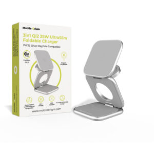 Mobile Origin 3in1 Qi2 25W UltraSlim sulenkiamas įkroviklis PW36 MagSafe Compatible sidabro spalvos