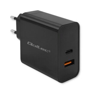 Qoltec 52381 Super greitas PD įkroviklis | 1xUSB-C | 1xUSB| 90W | 5-20V | 2,4-4,35A | Juoda