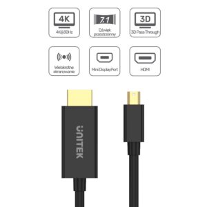 Unitek V1152A adapteris miniDP - HDMI 4K 30Hz kabelis 2 m - Image 3