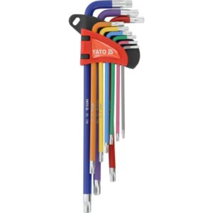 L tipo raktų rinkinys Yato TOYA S.A. YT-05636, Torx T10-T50, 9 vnt., spalvoti, labai ilgi, su skylutėm.