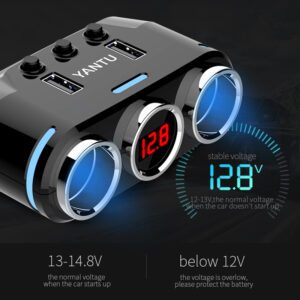 Car Cigarette Lighter Socket Splitter B39 Type B - 2 sockets + 2xUSB - 2,1A 100W with display - Image 5