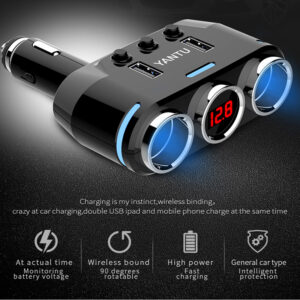 Car Cigarette Lighter Socket Splitter B39 Type B - 2 sockets + 2xUSB - 2,1A 100W with display - Image 6