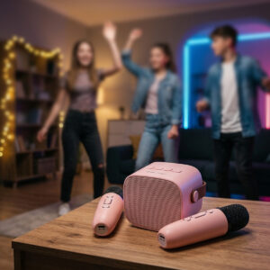 Blavec nešiojama bluetooth kolonėlė WS-07 Karaoke Party - 5W su 2 mikrofonais (WS07-2MP) rožinės spalvos - Image 6