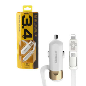 REMAX Car Charger RCC-102 - USB - 3,4A with 2 in 1 cable Micro USB, Lightning gold - Image 6