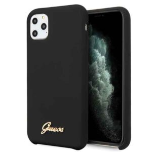 Guess GUHCN58LSLMGBK Apple iPhone 11 Problack dėklas Silicone Vintage Gold Logo