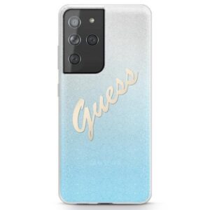 Guess GUHCS21LPCUGLSBL S21 Ultra G998niebieski/blue dėklas Glitter Gradient Script