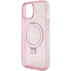 Guess GUHMP15MHRSGSP Apple iPhone 15 Plus / 14 Plus 6.7" rožinės spalvos dėklas Ring Stand Script Glitter MagSafe - Image 6