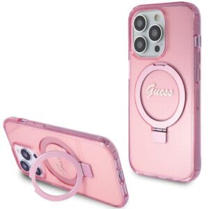 Guess GUHMP15XHRSGSP Apple iPhone 15 Pro Max 6.7" różowy/pink dėklas Ring Stand Script Glitter MagSafe