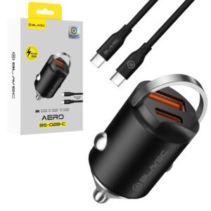 Blavec Automobilinis įkroviklis BS-02B-C Aero - USB + Type C - QC 3.0 18W PD 30W su Type C į Type C kabeliu (CCBS02BCA-UCB) juodos spalvos