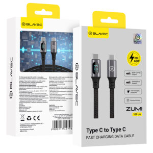 Blavec Cable Zumi braided - Type C to Type C - PD 60W 3A LCD display 1 metre Apple CarPlay/Android Auto (CZU-CC3B10) juodos spalvos