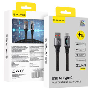 Blavec Cable Zumi braided - USB to Type C - QC 30W 3A LCD display 1 metre Apple CarPlay/Android Auto (CZU-UC3B10) juodos spalvos