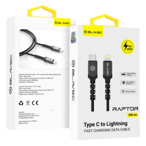 Blavec Cable Raptor braided - Type C to Lightning - PD 20W 2,4A 2 metres Apple CarPlay (CRA-CL24BG20) black-grey
