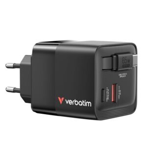 Verbatim GaN Wall Charger, 65W, 2 Ports, USB-C Cable, Foldable US Plug with EU/UK Adapters