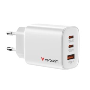 Verbatim GaN Travel Charger Essentials 65W, 2×USB-C PD, 1×USB-A QC, EU Plug, White