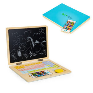 Medinis magnetinis edukacinis nešiojamojo kompiuterio formos magnetinė lenta su telefonu ir raidėmis ECOTOYS