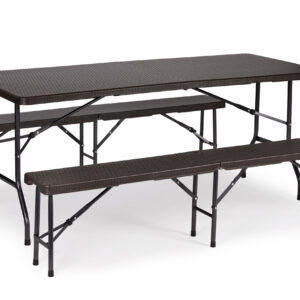 Maitinimo rinkinys su 180 cm banketiniu stalu ir 2 rotango suolais – Rudas, MultiGarden