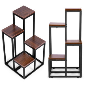 Gėlių ir dekoracijų stovas-lentyna – 4 pakopų, metalas ir MDF, tamsaus riešutmedžio spalvos ModernHome