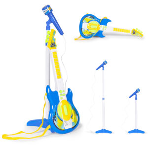 Elektrinės gitaros ir mikrofono rinkinys su stovu vaikams – suderinamas su MP3, mėlynas