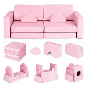 Didelė 2 vietų modulinė sulankstoma sofa vaikams „pasidaryk pats“ su 10 minkštų pagalvėlių – rožinė ECOTOYS