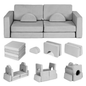 Didelė 2 vietų modulinė sulankstoma sofa vaikams „pasidaryk pats“ su 10 minkštų pagalvių – pilka ECOTOYS