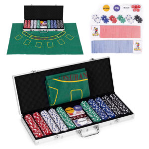 Pokerio ir „Blackjack“ rinkinys – 500 žetonų, 2 kortų kaladės, kauliukai, žaidimų kilimėlis, rakinamas lagaminas