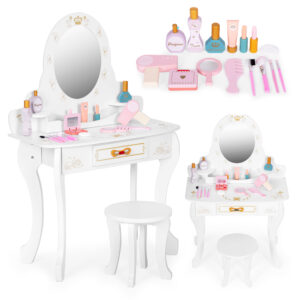 Didelis medinis tualetinis staliukas vaikams su veidrodžiu, rožiniais priedais ECOTOYS - Image 1