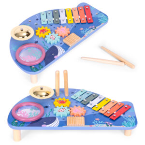 Muzikos instrumentų stalas su ksilofonu, cimbolais, tambūrine ir barškučiu, jūros tema ECOTOYS