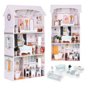 Lėlių namelis Alice – 3 aukštai, 4 kambariai, rinkinys su 9 baldais ECOTOYS
