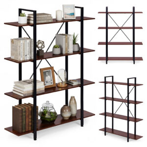 Loft stiliaus pramoninė lentyna svetainei ir biurui, 4 lentynos, metalinis rėmas ModernHome - Image 1