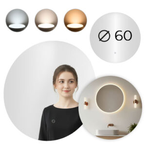 Apvalus LED vonios veidrodis, montuojamas ant sienos, 60 cm, 3 spalvų, jutiklinis jungiklis ModernHome
