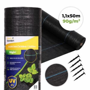 Juodas UV spinduliams atsparus geotekstilės audinys nuo piktžolių 90 g/m², 1,1 × 50 m, su smeigėmis, MultiGarden