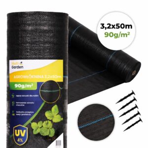 Juoda UV spinduliams atspari agrodanga 90 g/m², piktžolių kontrolės audinys 3,2×50 m, smeigtukai, MultiGarden