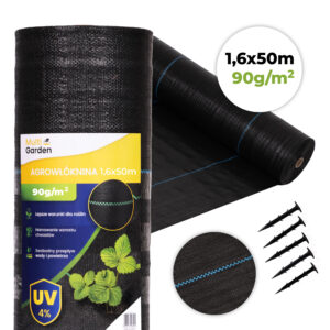 Juodas UV spinduliams atsparus agroaudinys 90 g/m² piktžolių kontrolės danga 1,6 × 50 m, smeigtukai, MultiGarden