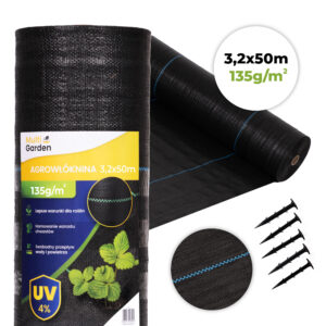 Juoda UV spinduliams atspari agroplėvelė 135 g/m² piktžolių kontrolės danga 3.2×50 m, smeigės, MultiGarden