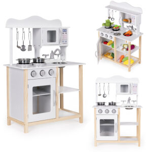 Medinė vaikiška virtuvėlė su orkaite ir maisto gaminimo priedais, balta, ECOTOYS