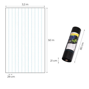 Juoda UV spinduliams atspari agrodanga 90 g/m², piktžolių kontrolės audinys 3,2×50 m, smeigtukai, MultiGarden - Image 10