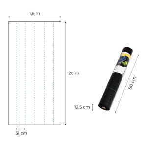 Juoda UV spinduliams atspari agroplėvelė 150 g/m² piktžolių kontrolės danga 1,6×20 m, smeigtukai, MultiGarden - Image 10