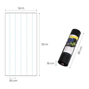 Juodas UV spinduliams atsparus agrotekstilės audinys 150 g/m² piktžolių kontrolės danga 1,6×50 m, smeigtukai, MultiGarden - Image 10