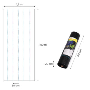 Juodas UV spinduliams atsparus agroaudinys 90 g/m², piktžolių kontrolės danga 1,6×100 m, smeigės, MultiGarden - Image 10