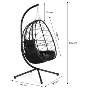 Laisvai pastatoma pakabinama kiaušinio formos kėdė, sodo sūpynės iki 120 kg su pagalvėlėmis, juoda, MultiGarden - Image 10