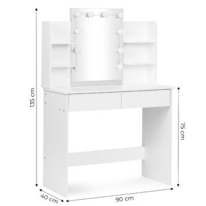 Didelis kosmetinis staliukas su veidrodžiu ir LED apšvietimu, 3 spalvų režimai, lentynos, stalčiai ModernHome - Image 10