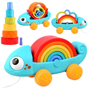 Vaivorykštės spalvų chameleono dėlionė Montessori piramidė ZA4532
