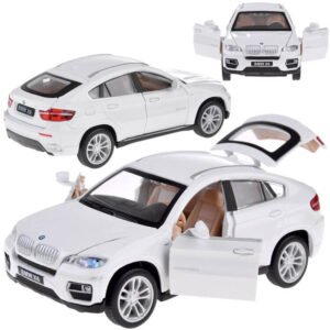 Metalinis automobilio BMW X6 modelis, mastelis 1:32, baltas visureigis, su šviesos ir garso efektais ZA4606