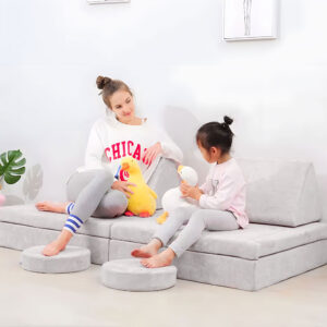 Didelė 2 vietų modulinė sulankstoma sofa vaikams „pasidaryk pats“ su 10 minkštų pagalvių – pilka ECOTOYS - Image 2