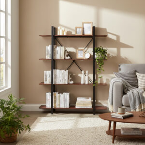 Loft stiliaus pramoninė lentyna svetainei ir biurui, 4 lentynos, metalinis rėmas ModernHome - Image 2