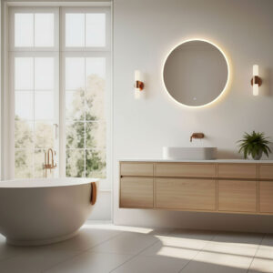 Apvalus LED vonios veidrodis, montuojamas ant sienos, 60 cm, 3 spalvų, jutiklinis jungiklis ModernHome - Image 2