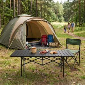 Sulankstomas kempingo stalas 120x55 cm su nešiojimo krepšiu, juodas, MultiGarden - Image 2